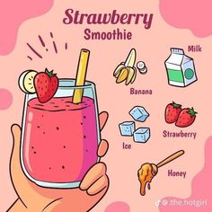 a hand holding a glass filled with strawberry smoothie and ingredients to make it into a smoothie