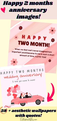 the wedding anniversary card is shown in three different colors and font styles, including pinks,