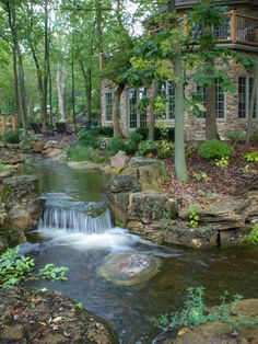 a house in the woods with a stream running through it's front yard area