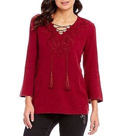 Reba Textured Embroidered Tunic Cotton Peasant Top With 3/4 Sleeves For Fall, Fall Cotton Peasant Top With 3/4 Sleeves, 3/4 Sleeve Embroidered Blouse For Fall, Fall Embroidered Blouse With 3/4 Sleeves, Fall Embroidered 3/4 Sleeve Blouse, Embroidered Tunic, Clothing Apparel, Dillard's, Shoes And Accessories