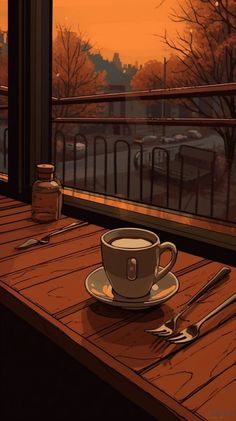 a cup of coffee sitting on top of a wooden table next to a fork and knife