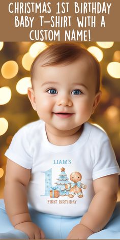 a baby is smiling for the camera with his first birthday shirt