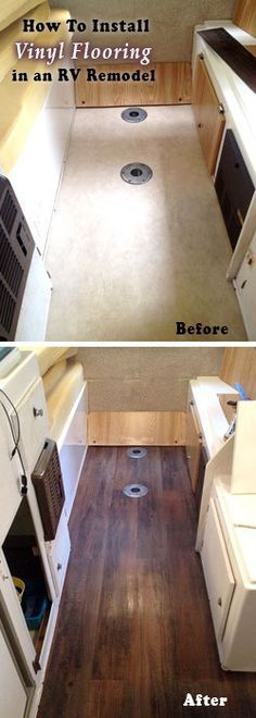 before and after pictures of a small kitchen remodel with wood flooring in an rv