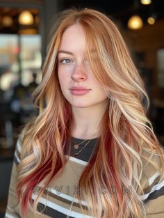 Fall Highlights For Blondes, Burgundy Blonde Hair, Highlights For Blondes, Trendy Fall Hair Color, Red And Blonde, Fall Highlights, Blonde Lowlights, Blonde Hair Transformations, Grey Eyes