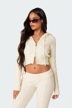 Ray Cable Knit Hooded Cardigan Hooded Cardigan, Cable Knit, Knitted Fabric, Cable, Cream, Pants, Trousers