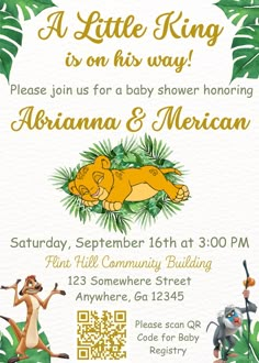 an animal themed baby shower party with jungle animals and palm leaves on the bottom corner