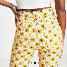 Peppermayo Exclusive - Pina Colada Pants - Fruit Checkers Nwt (Fits More Like A 4) Yellow Cotton Bottoms For Spring, Spring Lemon Print Bottoms, Summer Fitted Mustard Bottoms, Mustard Summer Trousers, Fitted Mustard Summer Bottoms, Mustard Color Summer Trousers, Fitted Mustard Bottoms For Summer, Yellow Fitted Short Bottoms, Yellow Fitted High Waist Bottoms