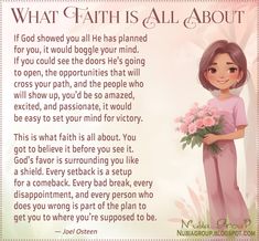 an image of a woman holding flowers with the words, what faith is all about