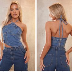 Size Us4 Uk8 Denim Blue Tops For Summer Party, Chic Denim Blue Tops For Night Out, Denim Blue Summer Party Top, Chic Cropped Medium Wash Top, Trendy Denim Tops For Party, Trendy Denim Party Tops, Chic Blue Denim Crop Top, Trendy Denim Tops For Night Out, Blue Denim Crop Top For Night Out