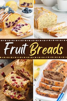 different types of fruit breads are shown in this collage