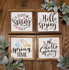 four wooden framed signs with the words happy spring y'all