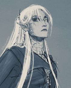 a drawing of a woman with long white hair