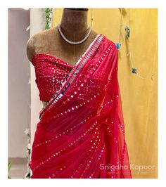 Pink mirror embroidered bridesmaid wedding reception organza saree with embellished stitched blouse, Indian wedding sari/ mehendi outfit by LabelSnigdhaKapoor on Etsy Mehendi Outfit, Pink Mirror, Bridesmaid Wedding