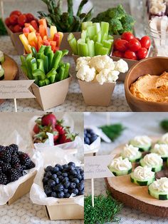 there are many different types of vegetables on the table and in small bowls with labels