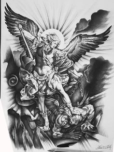 a black and white drawing of an angel on the cross with other angels surrounding it