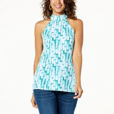 Colleen Lopez Printed Halter Top Fun, fresh prints and a halter neck elevate this summertime top. It's the kind of look you can pair with jeans and sandals for casual days and then "accessorize up" for fancier evenings. Summer Stretch Printed Blouse, Printed Halter Neck Tank Top For Summer, Stretch Printed Tops For Beach Season, Halter Neck Tops For Spring Day Out, Stretch Summer Halter Neck Top, Summer Stretch Halter Neck Top, Stretch Halter Neck Summer Top, Casual Stretch Halter Top For Summer, Stretch Halter Neck Tops For Beach Season