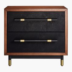 a black and gold nightstand with two drawers on one side, the other has brass handles