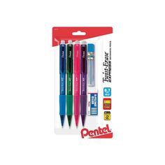 Correct mistakes easily with this 4-pack of Pentel Twist-Erase EXPRESS 0.7mm mechanical pencils with assorted color barrels. Each Pentel Twist-Erase EXPRESS Mechanical Pencil has a 0.7mm tip that creates smooth, thick lines with accuracy, while the extra-soft latex-free grip provides enhanced comfort and control while writing. With the long-lasting twist-up eraser, these mechanical pencils make it easy to correct errors. Mechanical pencils are ready to use right out of the box. No. 2 lead provid Pentel Mechanical Pencils, Chalk Pencil, Pastel Lavender, Pencil Sharpeners, Mechanical Pencil, Erasers, Mechanical Pencils, Writing Paper, Latex Free