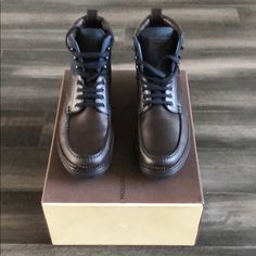 Brown Leather And Dark Blue Damier Fabric Around Top And Tongue With Rubber Sole Louis Vuitton Logo... Louis Vuitton Men Shoes Boots, Louis Vuitton Combat Boots, Half Boot, Brown Leather Sneakers, Shoes Louis Vuitton, Lv Sneakers, Louis Vuitton Logo, Alligator Boots, Half Boots