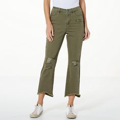 G by Giuliana EcoChic Destructed Kick Crop Pant  Nothing like a little demolition work to help build a fab look. These fun, kick-leg pants show the way by pairing tastefully destructed details to the tailored appeal of a fitted silhouette. Throw on a tee or blouse along with a flat, heel, or chunky sneaker and you're good to go. Green Bottoms With Frayed Hem For Fall, Desert Sand, Chunky Sneakers, Fitted Silhouette, Acid Wash, Cropped Pants, Leg Pants, Fashion Clothes Women, Size 16