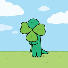 a cartoon character holding a four leaf clover in the grass with clouds in the background