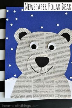 a polar bear made out of newspaper paper on top of a black and white striped background