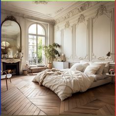 a large bed sitting inside of a bedroom next to a fire place in a living room