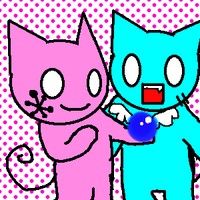 two cartoon cats standing next to each other on a pink and white polka dot background