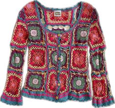 a colorful crocheted sweater with ruffles and buttons on the shoulders is shown