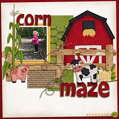 a scrapbook page with farm animals and words that read corn maze, an image of a red barn