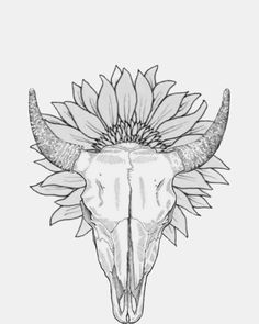 a bull skull with sunflowers on it's head