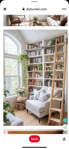 a living room with bookshelves, couches and chairs in it's windows