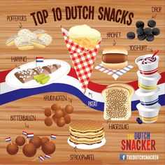 the top 10 dutch snacks are shown on a wooden table with other foods and desserts