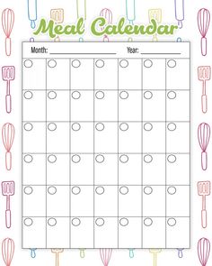 a printable meal calendar with utensils for the month in each column and numbers