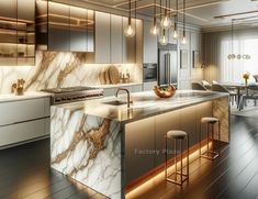 a modern kitchen with marble counter tops and gold accents