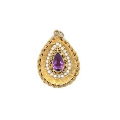 "Vintage 14k yellow gold tear drop Amethyst and pearl locket pendant charm. The amethyst measures 12 x 7mm and is surrounded by 24 2.5-3mm pearls. The pendant measures 1.5\" tall and 1.12\" wide. The charms weighs 16.57 grams." 14k Gold Teardrop Pearl Pendant, Teardrop Charms Jewelry For Anniversary, Purple Pear-shaped Gemstone Jewelry, Teardrop Pearl Pendant In Yellow Gold, Purple Teardrop Pearl Drop Jewelry, Fine Jewelry Purple Pear-shaped Jewelry, Antique Pear-shaped Gemstone Jewelry, Yellow Gold Pear-shaped Amethyst Jewelry, Elegant Purple Locket Jewelry