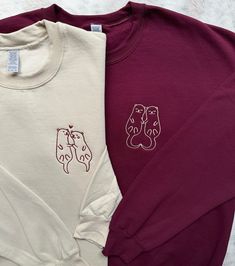 If they sent this to you, they wanna get matching hoodies🤭💕 Which one is your favorite?💫 This gift is something they will wear forever & when they wear it they’ll be reminded of how much love & appreciation you have for them🫶🏼 SHOP NOW~Link in bio<3 ~~ #anniversary #anniversarygift #gift #embroiderymachine #embroidery #custominitials #asmr #embroideryasmr #SmallBusiness #bfgiftideas #gfgiftideas #boyfriendgiftideas #girlfriendgiftideas #matchingcouplesoutfits #matchingcouples #matchingc... Matching Sweaters For Couples Christmas, Tshirt Printing Business, Matching Embroidery, Matching Sweaters