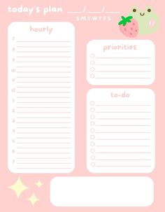 a pink and white printable to do list with strawberries on the top, stars around