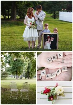 a collage of wedding photos with the words ten years spelled out in small letters