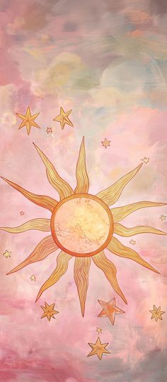 a painting of a sun with stars in the sky on a pink and blue background