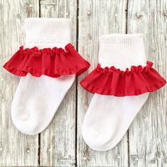 Give her every reason to twirl the day away in this lovable pair of red double ruffle ribbon socks from Beautiful Bows Boutique. Handmade just for her, a pair of white cotton socks has been delightfully adorned with red satin ruffle ribbon. The effect is positively perfect! Slip them on to keep her feet warm while accentuating her favorite outfit. This would also make a thoughtful gift idea for a new or expectant mother. It is an original Beautiful Bows Boutique creation. Order now to guarantee Sports Hair Bows, Ribbon Socks, Ruffle Socks, Baby Headbands Crochet, Frilly Socks, Big Hair Bows, Ruffled Socks, Toddler Hair Bows, Special Occasion Hairstyles