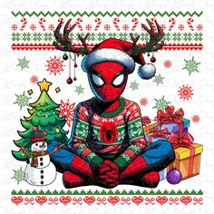 a spiderman sitting in front of a christmas tree wearing a santa hat and reindeer antlers