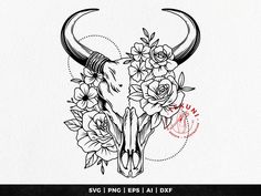 a bull's skull with flowers on it and the words svpng files