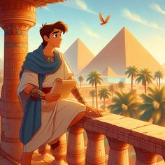 an egyptian man sitting on a balcony next to the pyramids with a bird flying over him