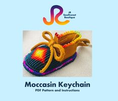 Complete tutorial and pattern for making a moccasin keychain! Each moccasin is around 2.5 inches long and  1 inch high. This tutorial covers all you need to know: * Step-by-step guide * Supplies and Materials List * Moccasin Keychain Pattern and Beading Pattern * Beading Stitch Instructions * Assembly Instructions * Access to a VIDEO series on YouTube detailing all these steps This PDF tutorial has 9 pages full of pictures, tips, and more! Every step is explained and showed to you with clear pictures. The pattern PDF has 2 pages with the keychain pattern pieces and material instructions as well as a Beading Pattern to help you center your beadwork on the toe and so you know where you can bead.  This cute Moccasin Keychain is the perfect addition to your keyring! Here are in depth instructi Beaded Moccasins Pattern, Metis Beadwork Patterns, Moccasin Pattern, Keychain Pattern, Beaded Moccasins, Pictures Tips, Motifs Perler, Beaded Jewlery, Beading Techniques