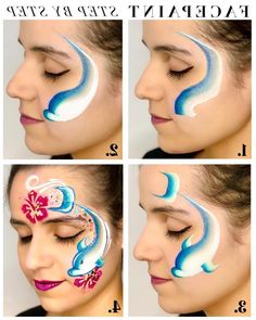 Dolphin Makeup, Face Painting Videos, Face Paint Step By Step, Dolphin Face Paint, Face Paint Tutorial, Paint Step By Step, Mermaid Face Paint, Face Painting Unicorn, Easy Face Painting Designs