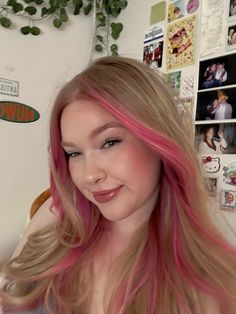 💖🌸🌷🎀🩷 Pink And Dark Blonde Hair, Blonde Pink And Brown Hair, Pink Highlights In Dirty Blonde Hair, Blonde Hair With Pop Of Color, Pink Money Piece Hair, Pink Money Piece, Pink Money, Money Pieces