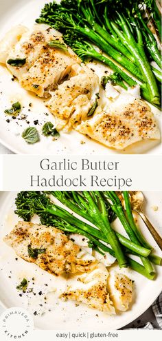 garlic butter haddock recipe with broccoli and asparagus on a white plate