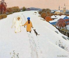 a painting of an angel and a dog walking down a snow covered road with houses in the background