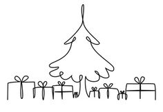 a black and white drawing of a christmas tree with presents